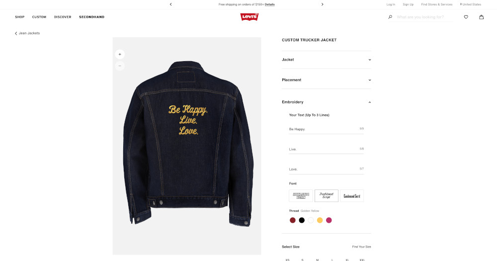 Levis Customizer with a jacket that has a custom embroidered message