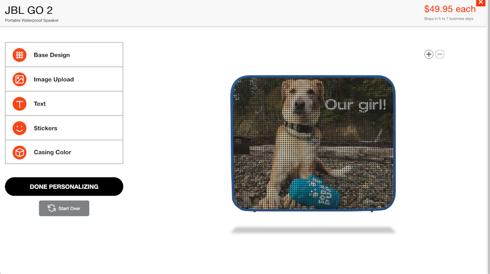 Custom JBL Speaker with a dog and a caption