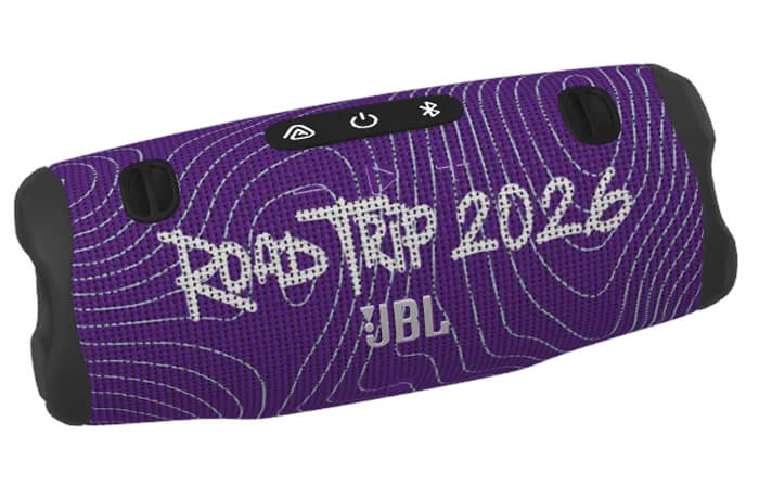 Purple JBL speaker with the text, "road trip 2026"