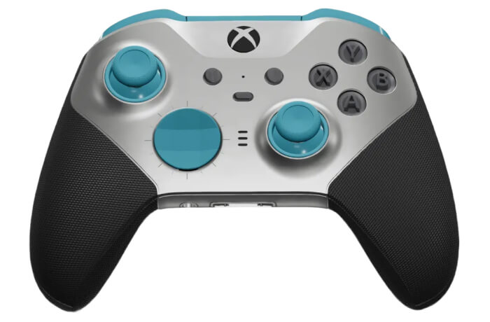 Silver xbox controller with blue controls